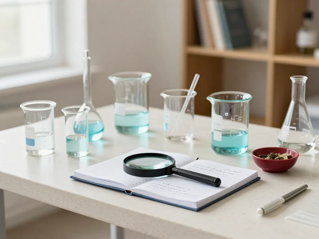 Instruments de laboratoire et carnet de notes symbolisant une connaissance scientifique claire et vulgarisée.